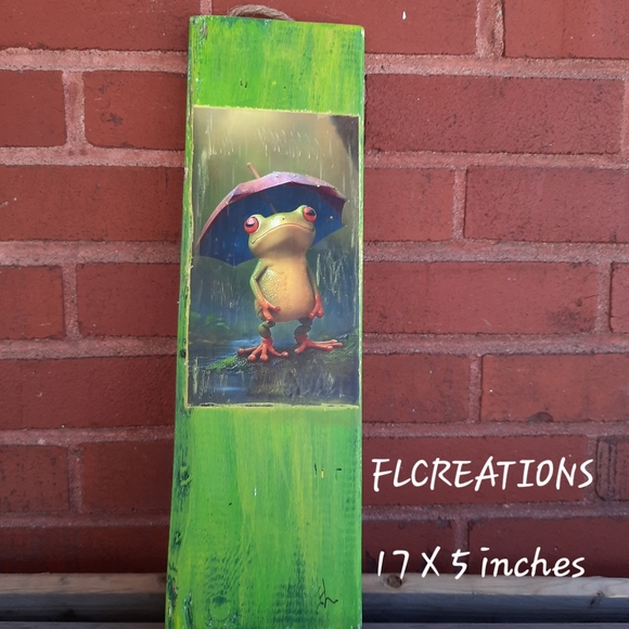 Hand Crafted Other - * SALE / Hand Crafted /  Cute frog under an umbrella, Mixmedia art / Home decor